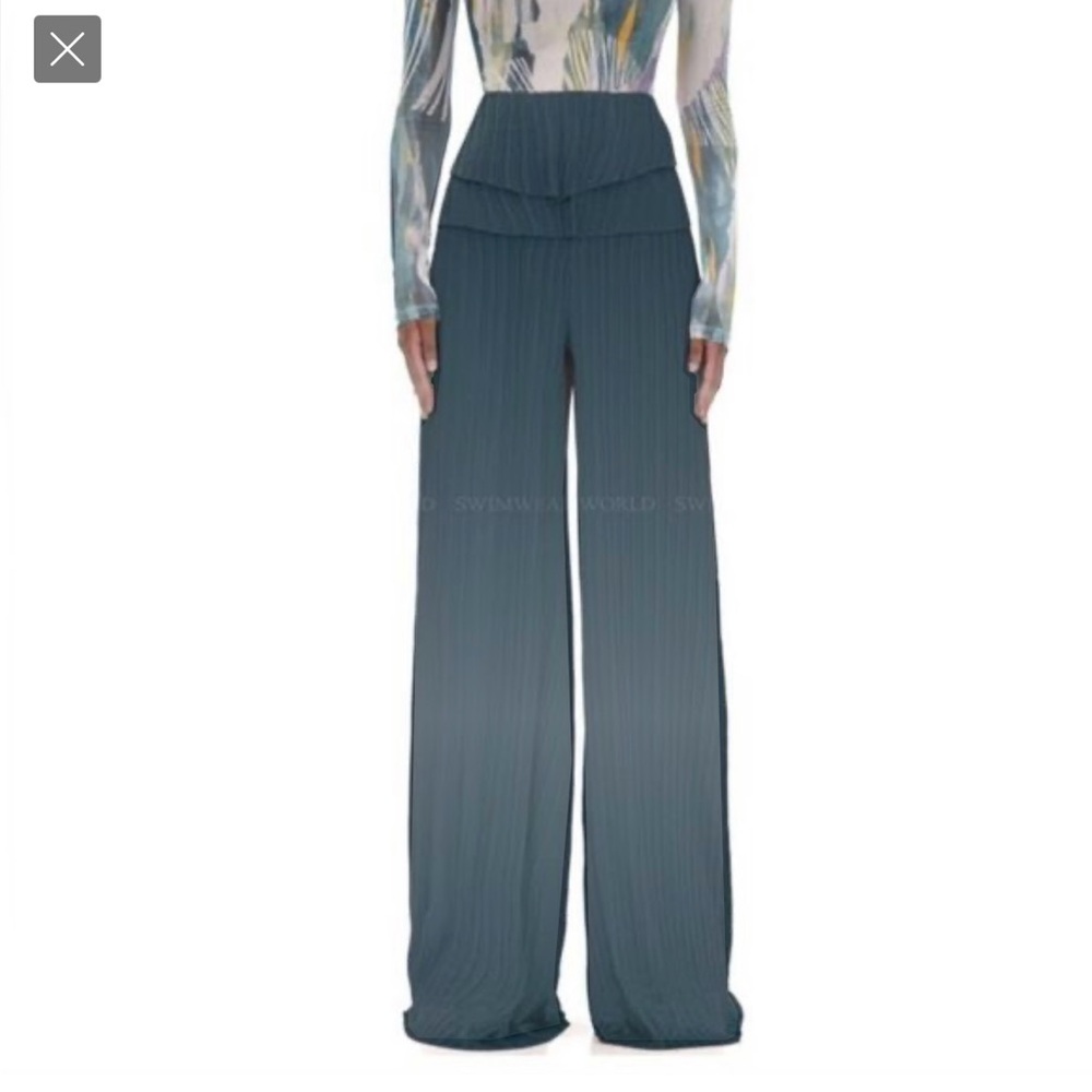 Andrea Iyamah Slate Blue High-Rise Pleated Wide-Leg Pants